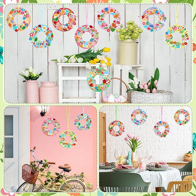 Hollowfly 48 Sets Spring Wreath Craft Kits DIY Wreath Hanging Ornaments Make Your Own Paper Craft with Stickers for Home Party Favors Activities