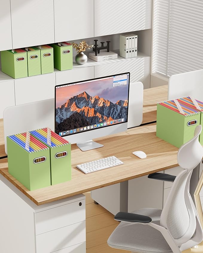 Oterri File Organizer Box, Portable Collapsible Cardboard File Folder Organizer with Handle for Letter Size Hanging Files, Document Storage Box for Home Office & Classroom (8 Packs, Green)