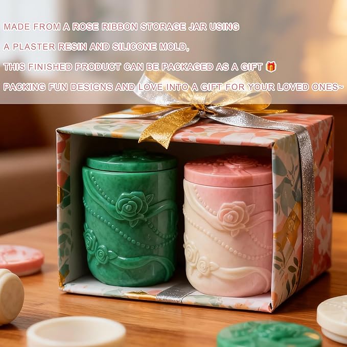 1 Pc Pearl Ribbon Rose Resin Jar Mold with Lid Delicate Cylindrical Flower Pot Candle Mold for Plaster Cement Concrete Epoxy DIY Home Decoration Jewelry Storage Box Candlestick Candy Jar