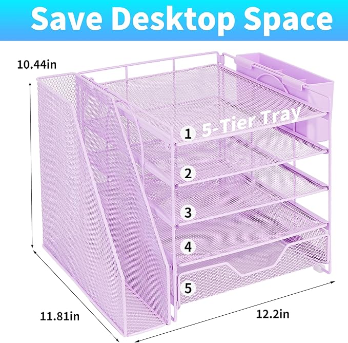 Desk Organizer, 5-Tier Paper Letter Tray Organizer with File Holder, Drawer and Pen Holder, Desktop Organizer for Office Supplies, Purple