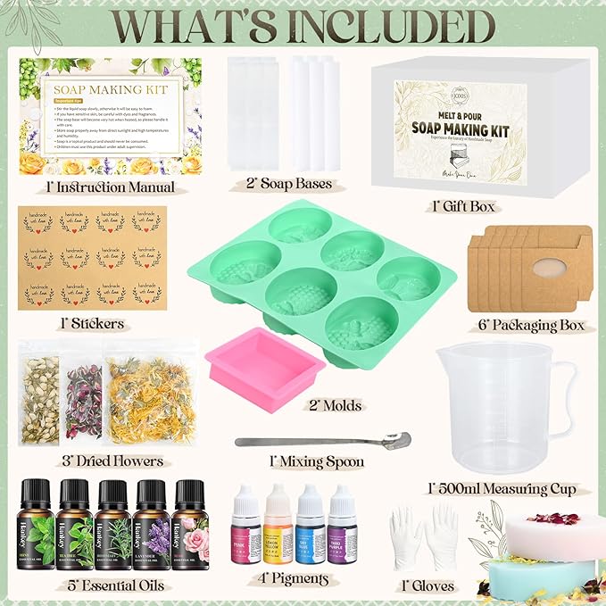 Jcoos Soap Making Kit, Soap Making Kit for Adults, Teen- Shea Butter Glycerin Melt and Pour Base, Molds, Dye, Fragrances, Dried Flowers, DIY Craft for Teen Beginners Girls, Gift Boxes for Women