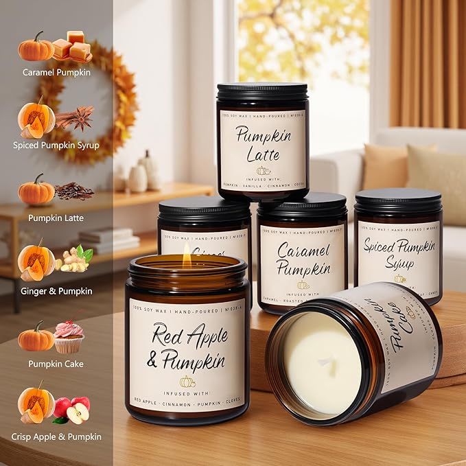 Auelife Scented Candles - Pumpkin Candle Set of 6 | Ginger, Apple, Cake, Caramel, Latte & Spiced Pumpkin Soy Candles | Holiday Candle for Home Décor & Gifts for Women, Cozy Holiday Aromatherapy