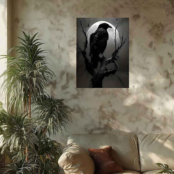 Gothic Raven on Bare Tree Under Full Moon Paint by Numbers for Adults, Dark Fantasy DIY Painting Kit, Moody Wall Decor 24 Colors 16x20 inch Framed