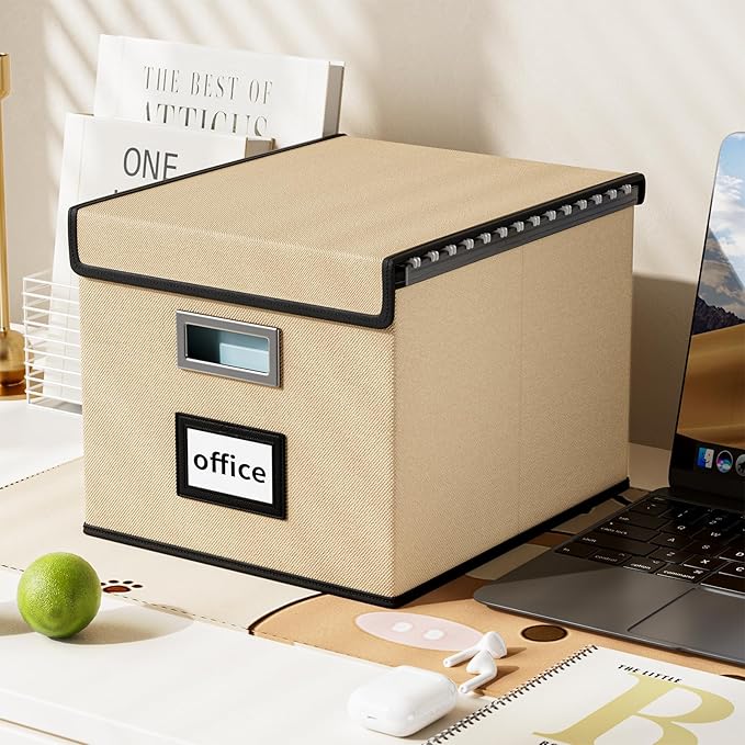 Huolewa File Organizer Box with Lid, Collapsible File Folder Organizer for Office Document Storage, Filing Box with Plastic Slide for Letter Size Hanging File Folders(1 Pack, Brown)