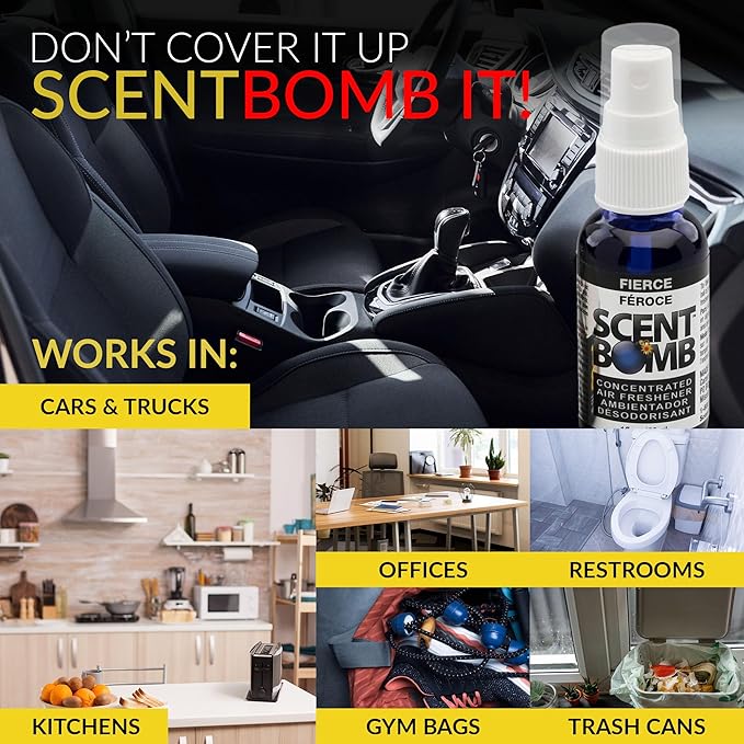 Scent Bomb Air Freshener Spray, Long-Lasting Odor Eliminator - Effective Deodorizer for Home & Car, Fresh Room Spray for Kitchen, Bathroom & Smell Neutralizer - 1 oz Pack of 4, Fierce Scent