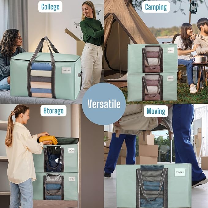 VENO 10 Pack Moving Bags with Clear Window, Heavy Duty Storage Bins with Lid, Around Handles, Tag, Zippers, Extra Large Totes Packing Moving Boxes Supplies for College Dorm Clothes (Light Green)