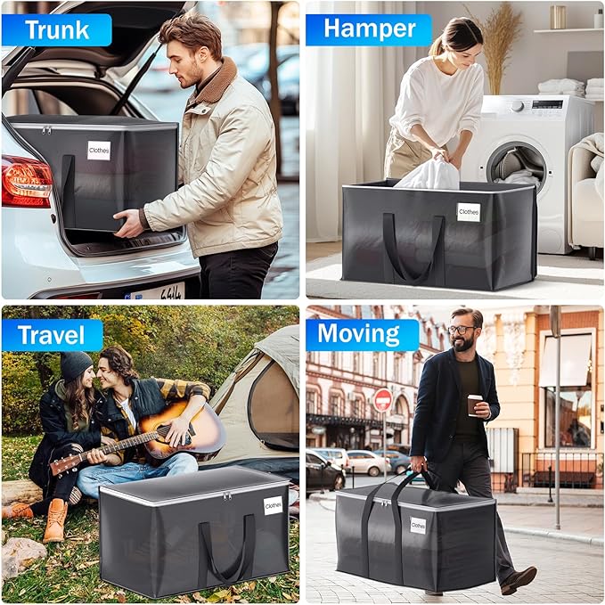 ElegantArray 4 Pack Moving Bags Heavy Duty, Moving Boxes, Storage Bags with Zipper & Handles & Tag for College & Dorm Moving Supplies Grey Laundry Hamper Bag, Foldable Space-saving Totes (125L, Grey)