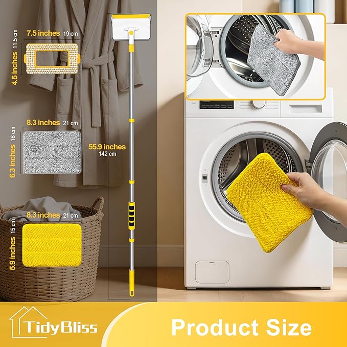 Baseboard Cleaner Tool with Handle, 55.9” Long Wall and Base Board Cleaning Mop, 4 Reusable Pads, 1 Stiff Bristle Scrubber Brush for Floorboard Ceiling Cabinet Window Bathroom (Yellow)