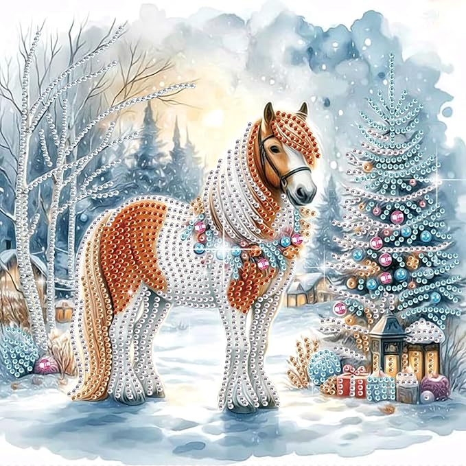antor Christmas Diamond Painting Kit, 5D Special Shape Diamond Art for Adults, Decorated Horse in Snow Scene DIY Crystal Rhinestones Diamond Painting, Holiday Wall Decor, Winter Home Decoration