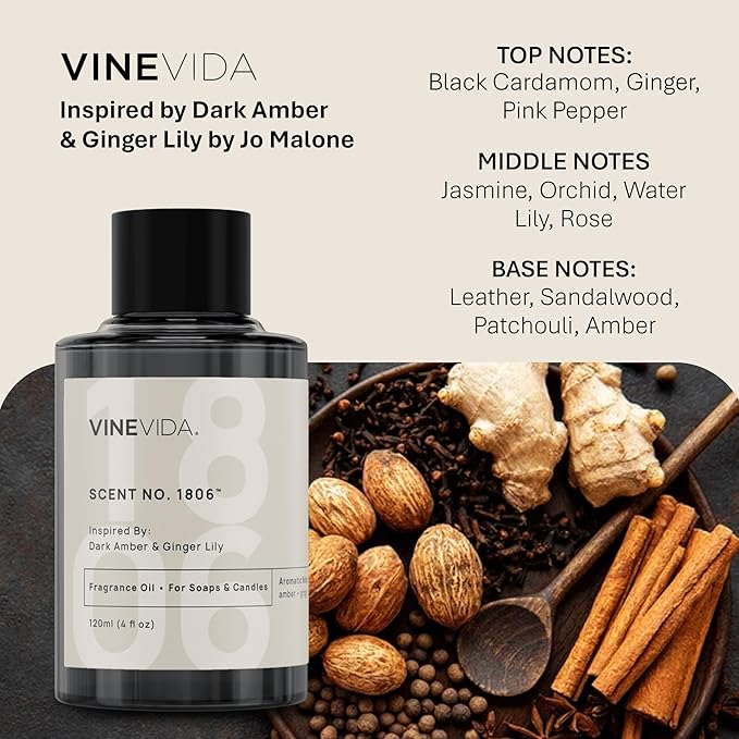 VINEVIDA [10mL] Dark Amber & Ginger Lily Fragrance Oil for Candle Making - Natural Candle Oil Scents - Soap Making Essential Oil - Made in USA