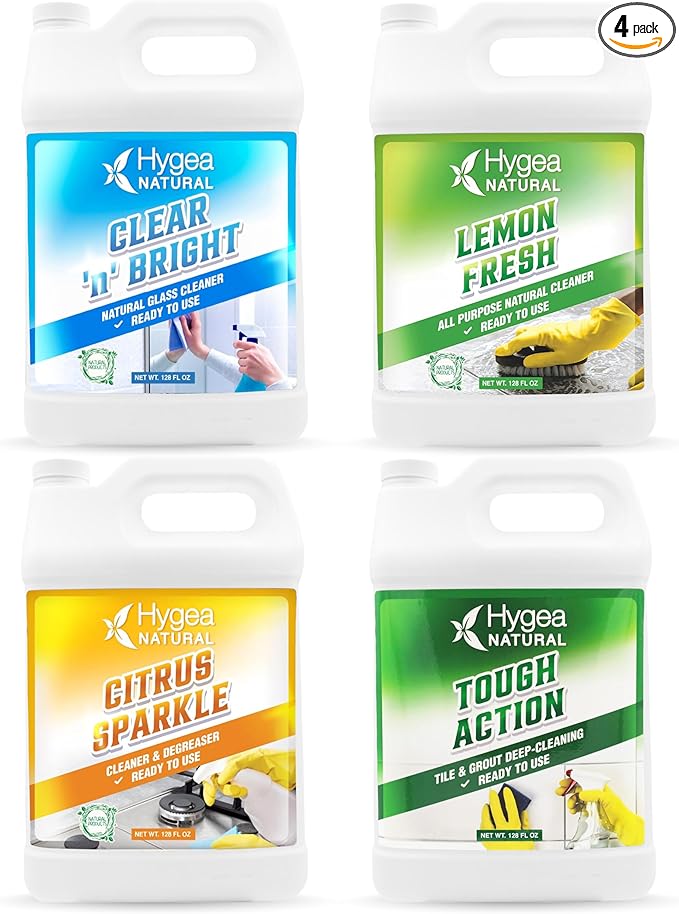 Hygea Natural Cleaning Starter Kit - 1 Gallon - Eco-Friendly Household Cleaners - Degreaser, All Purpose Cleaner, Glass Cleaner, & Tile and Grout Cleaner - Kids & Pet-Friendly (4 Pack)