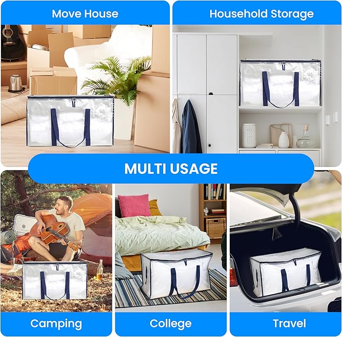 Simple Deluxe 6 Pack Extra Large Moving Bags with Lids, Reinforced Handles and Zippers, Heavy Duty Storage Tote for Moving Travel Camping Space Saving, White