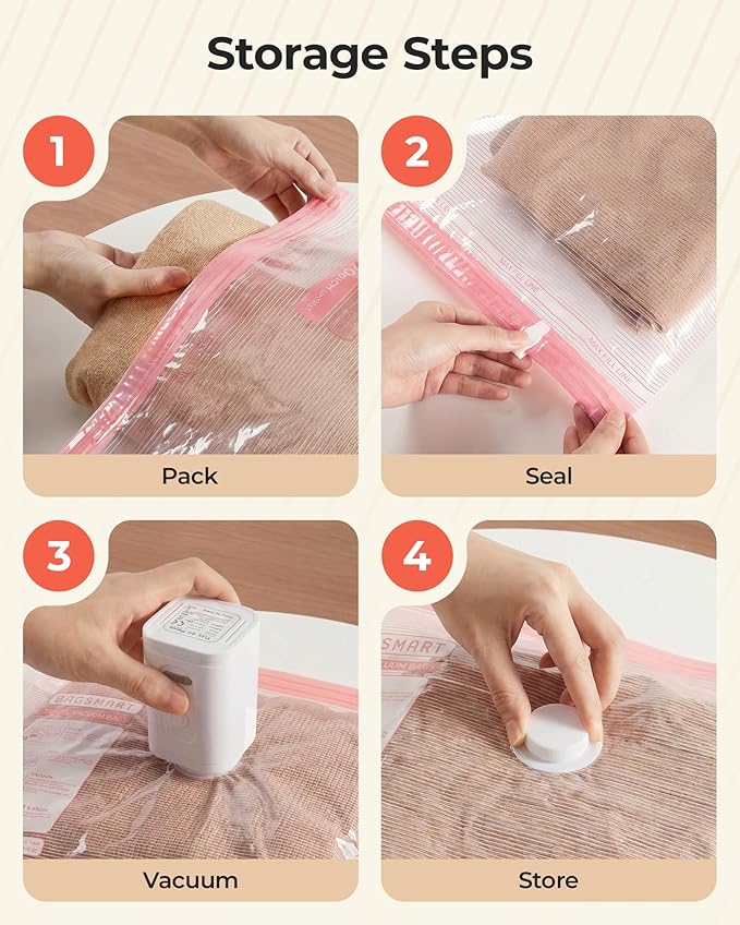 BAGSMART Vacuum Bags for Travel with Rechargeable Air Pump, Portable Space Saver Bags for Travel & Home, Vacuum Compression Seal Bag for Clothing, Blanket, 18 Pack-Pink