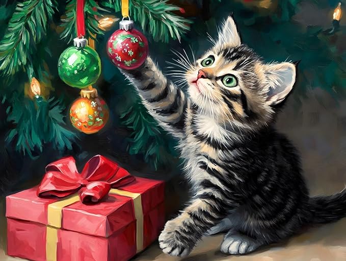 IMLQJES Christmas Diamond Art Kits for Adults - Cat 5D Square Full Drill Gem Art for Beginners - Cat Play with Christmas Tree Animals Diamond Painting Kit for Home Wall Decor 10x12 Inch