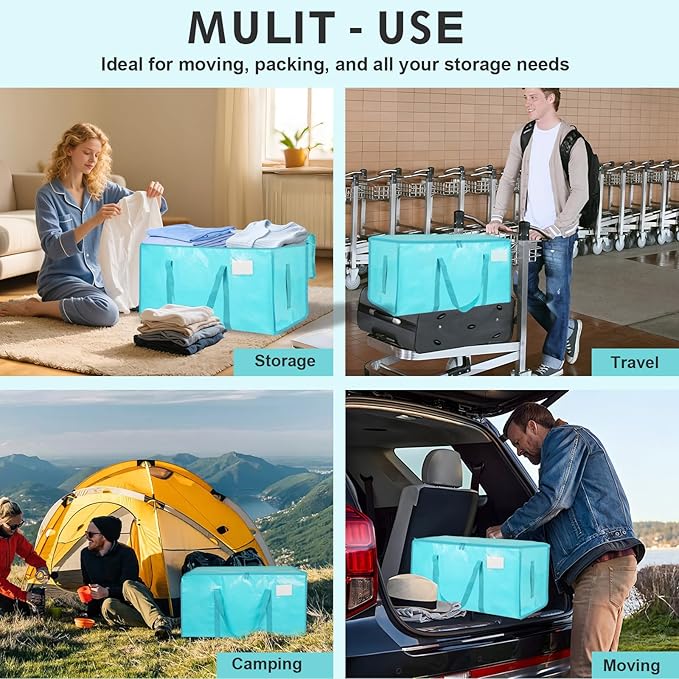 12 Pack-Extra Large Heavy Duty Moving Bags - Waterproof Storage Totes with Handles & Zippers, Foldable for College Dorm, Storage (lake blue)