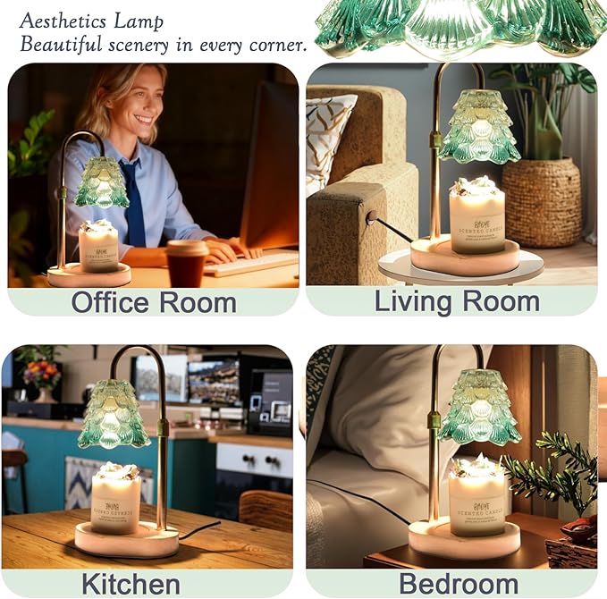 Chritsmas Tree Lampshape Candle Warmer Lamp with Adjustable Height, Aroma Candle Warmer with Timer and Dimmer, Wooden Base Glass Wax Warming Lamp, Women's Gifts (Tree Green)