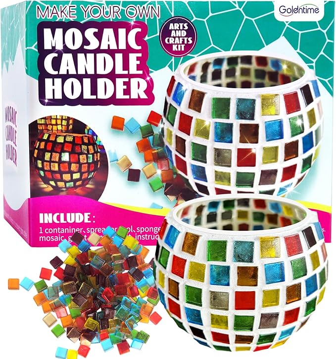 goldentime Glass Mosaic Candle Holder Kit, DIY Stained Glass Kit for Adults Home Decor Fun Arts and Crafts Gifts for Teens Adults Valentine Birthday Mother’s Day Gifts
