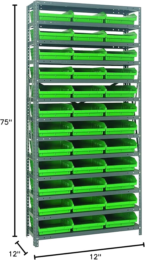 Quantum Storage Systems 1275-109GN Steel Shelving Unit with 4" Shelf Bins, 12" D x 36" W x 75" H, Green