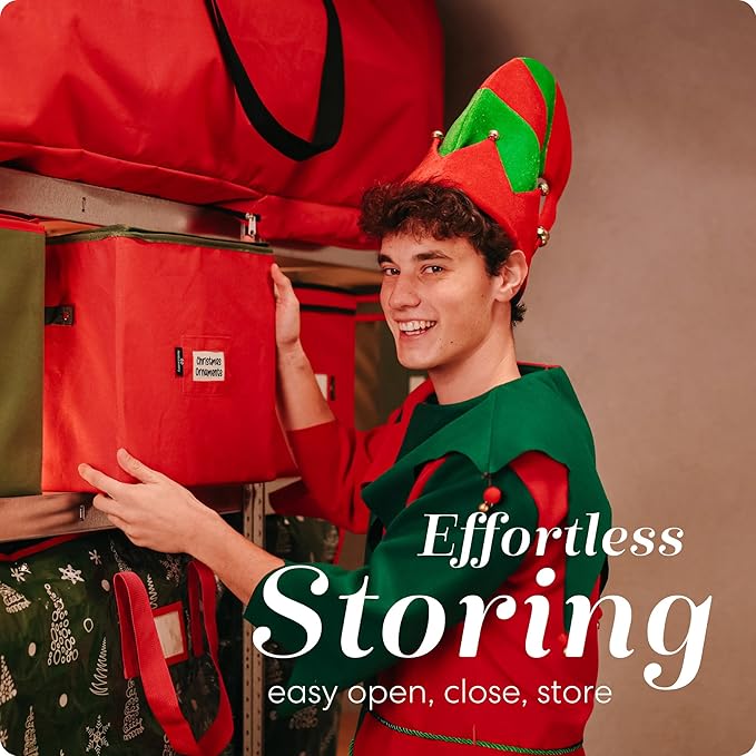 Handy Laundry Christmas Ornament Storage - Stores upto 64 Holiday Ornaments, Adjustable Dividers, Zippered Top, Two Handles. Storage Box Keeps Holiday Decorations Clean and Dry for Next Season. (Red)
