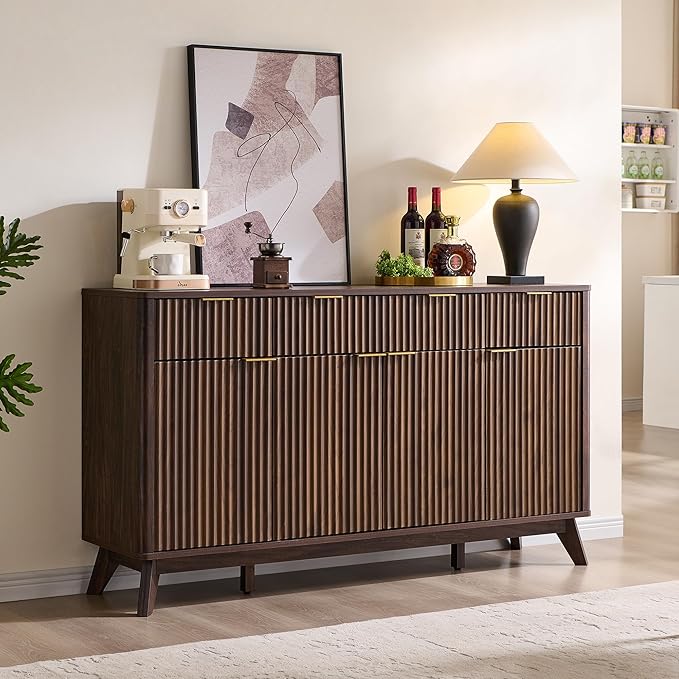 OKD Fluted Storage Cabinet with Drawers, 60" Morden Buffet Sideboard Coffee Bar Cabinet with 4 Doors and 3 Drawers for Dining Room, Living Room,Hallway (Dark Walnut)