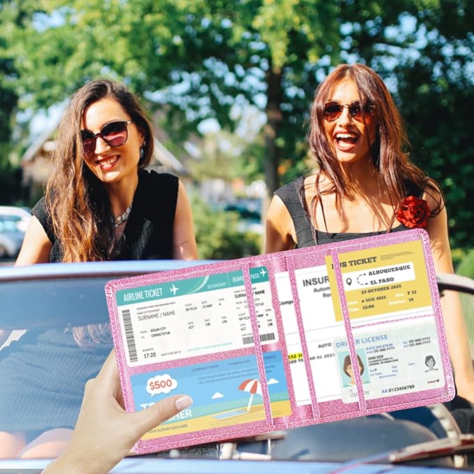 Car Registration and Insurance Holder, 5.5 x 5 Inch PU Leather Vehicle Glove Box Organizer Wallet Case Organizer for Insurance Card, Driver License, Essential Document, Paperwork Glitter Hot Pink