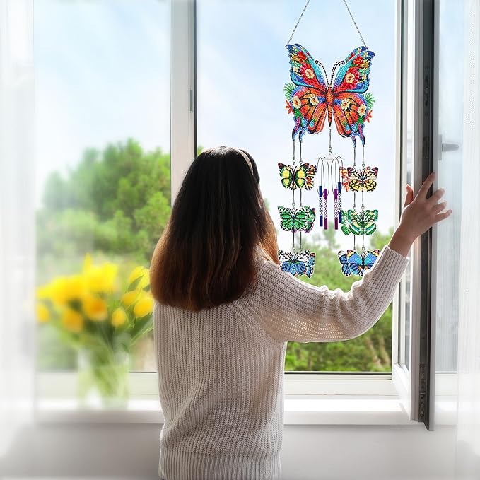 Butterfly Gem Art Wind Chime 5D DIY Kits Butterfly Diamond Art Painting Wind Chimes Hanging Ornaments Double Sided Special Shaped Crystal by Number Mosaic Wind Chime Pendant for Yard Tree Patio Decor