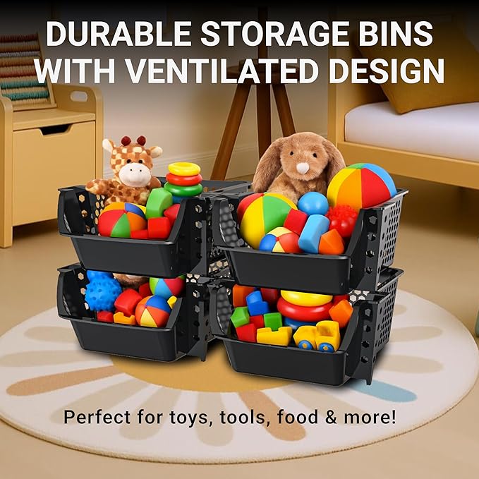 Skywin TidyFriend Stackable Storage Bins for Pantry, 4 Pack Stackable Bins for Organizing Snacks, Toiletries, and Small Essentials (Black)
