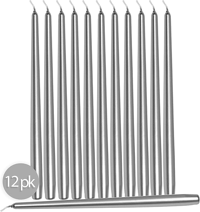 Hyoola 12 Pack Tall Metallic Taper Candles - 14 Inch Silver Metallic, Dripless, Unscented Dinner Candle - Paraffin Wax with Cotton Wicks