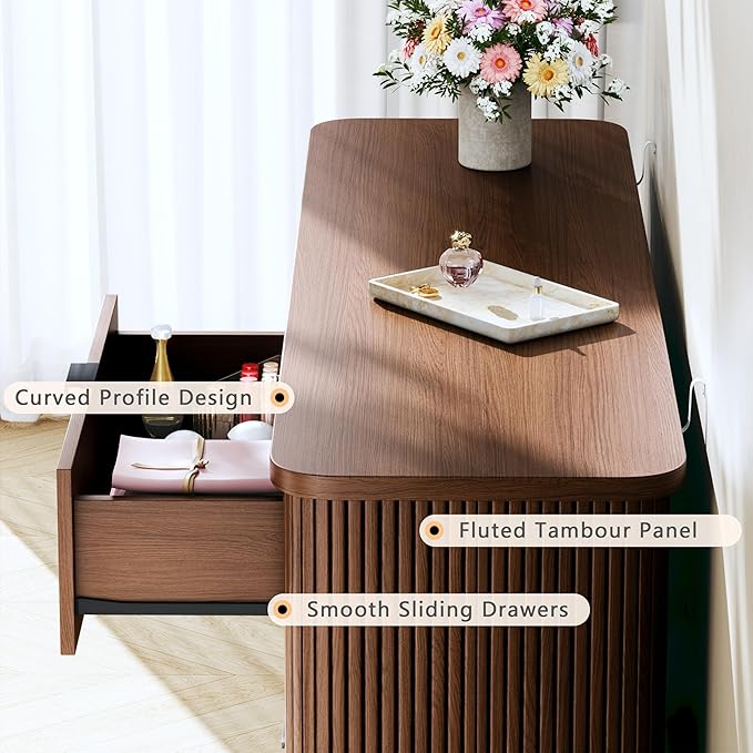 HUAHUU Fluted 6 Drawers Dresser for Bedroom, 55" Mid Century Modern Dresser & Chests of Drawers, Curved Profile Design, Dresser TV Stand, for Entryway, Hallway, Walnut
