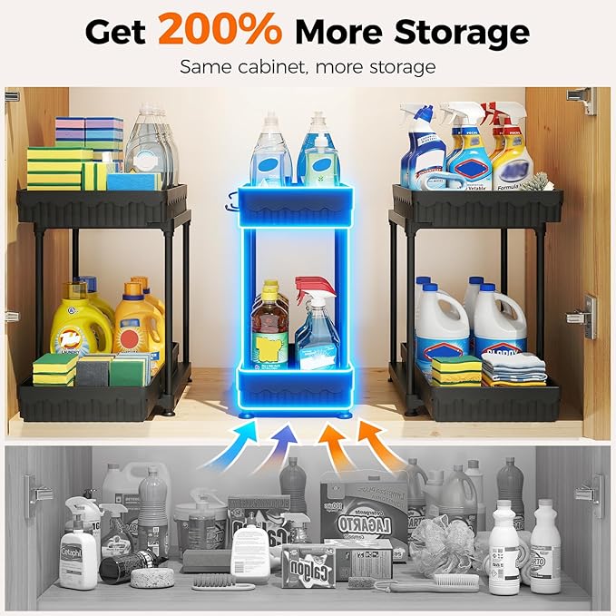 3 Pack Under Sink Organizer, 2 Tier Slide Out Bathroom Cabinet Organizer, Multi-Purpose Storage Shelf for Kitchen, Black, 12.8Inch