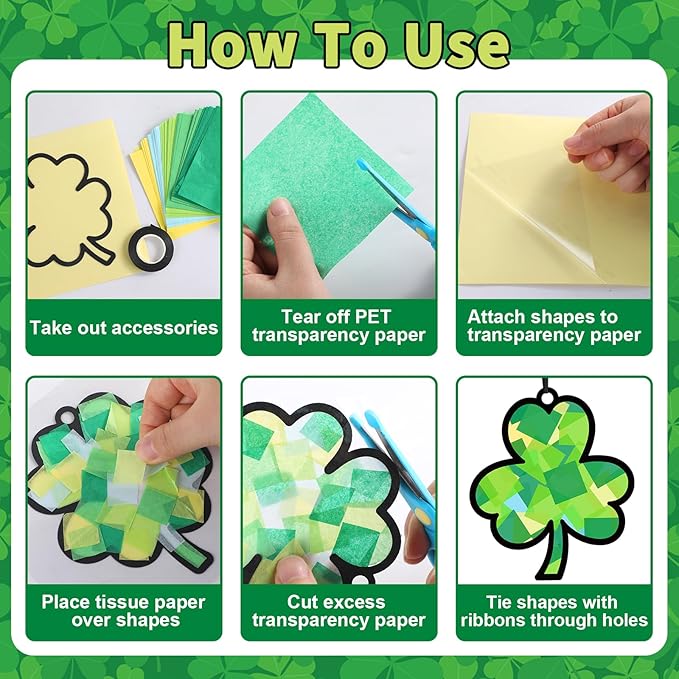 Qyeahkj 36 Set St. Patrick's Day Suncatchers Craft for DIY Shamrock Tissue Paper Craft Kit Lucky Shamrock Stained Glass Window Ornaments Decoration for Home Art Project Party Favor Gift