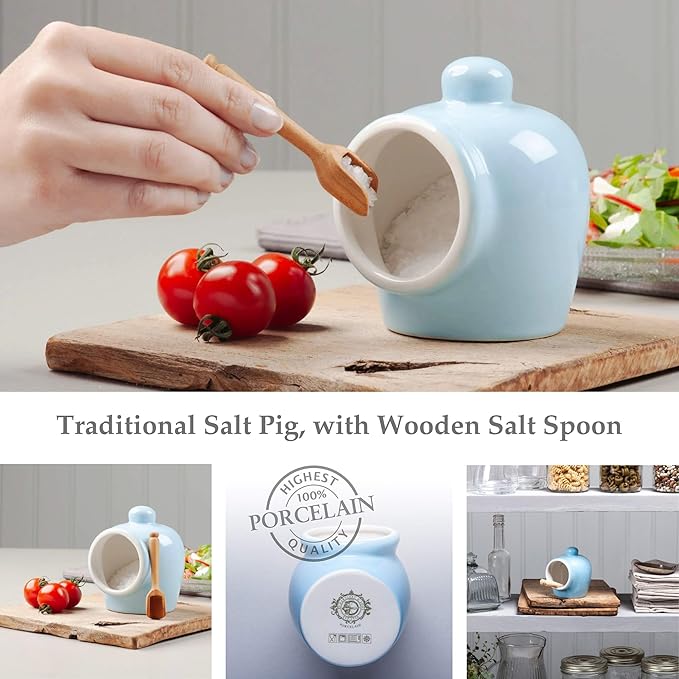 Wm Bartleet & Sons Traditional Porcelain Small Salt Pig with Wooden Salt Serving Spoon - Blue