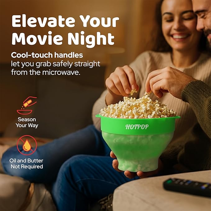 The Original Hotpop Microwave Popcorn Popper, Silicone Popcorn Maker, Collapsible Bowl BPA-Free and Dishwasher Safe- 20 Colors Available (Transparent Green)