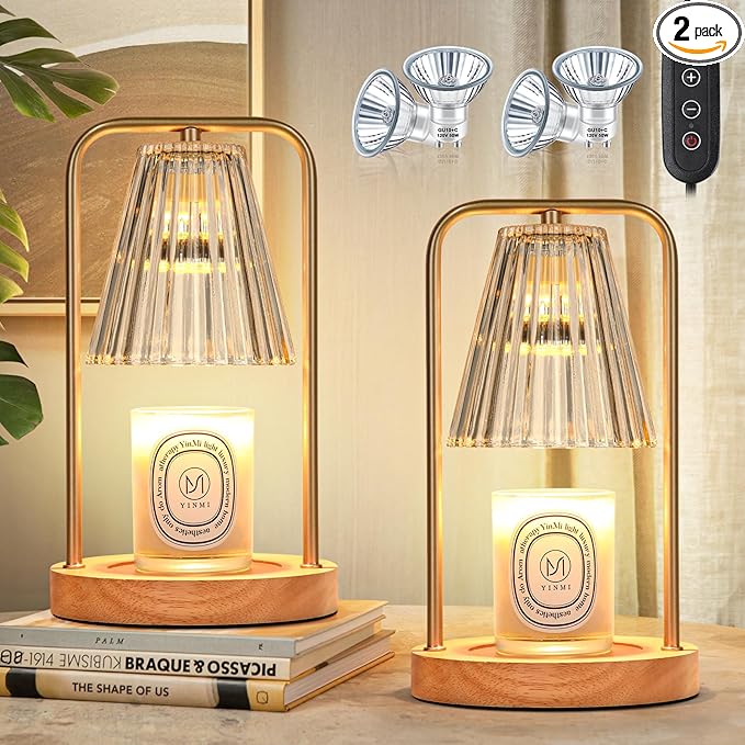 2-Pack Candle Warmer Lamps with Timer, Electric Candle Lamp Warmer for Jar Candles, Dimmable Wax Melt Warmer with 4 Bulbs, Mom Birthday House Warming Gift New Home, Vintage Home Decor