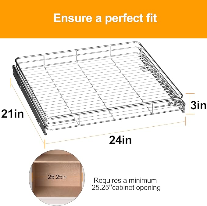 JOWBOOW Pull Out Cabinet Organizer (24" W x 21" D), Slide Out Shelves for Kitchen Cabinets, Pull Out Drawers Heavy-Duty Metal sliding Shelf, Chrome Finish