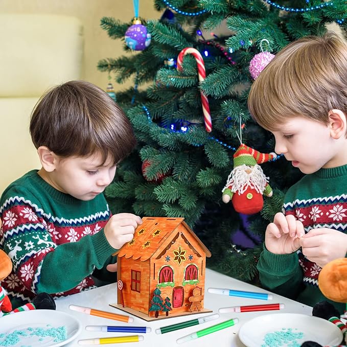 Spiareal 24 Sets DIY Wooden Christmas Gingerbread House Kit with LED Flameless Candles Watercolor Pens Christmas Crafts Wooden Houses to Paint Xmas Tree Ornaments for Fun Activity Art Project