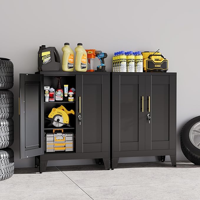 Black Metal Storage Cabinet, 36" Tall Locking Storage Cabinet with 2 Adjustable Shelves, Steel Locker Organizer, for Office, Home, School, 11.81" D x 23.62" W x 35.83" H