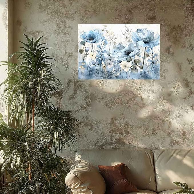 Soft Blue Watercolor Wildflowers Bouquet Paint by Numbers for Adults, Minimalist Floral DIY Painting Kit, Elegant Home Decor 24 Colors 16x20 inch Framed