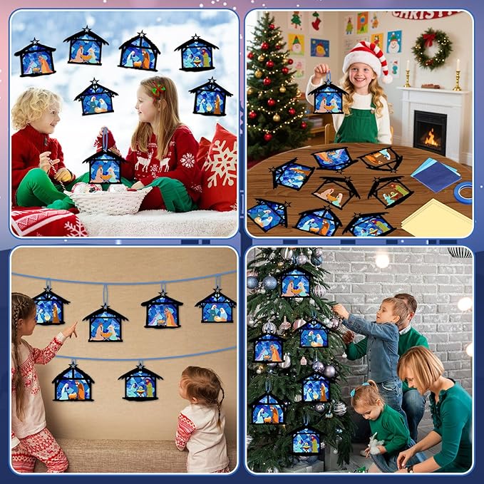 Qyeahkj 36 Set Christmas Nativity Suncatchers Crafts for DIY Nativity Scene Window Tissue Paper Craft Kit Hanging Decor for Xmas Holiday Home Activity Art Project Birthday Party Favor Gift