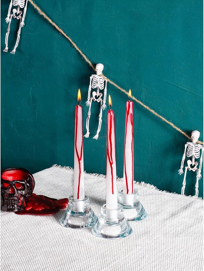 CANDWAX 8 inch Taper Candles Set of 12 - Dripless Candlesticks Burning for 6 Hours - Bloody Tapered Candles Ideal as Halloween or Other Themed Decor - Blood White Candle