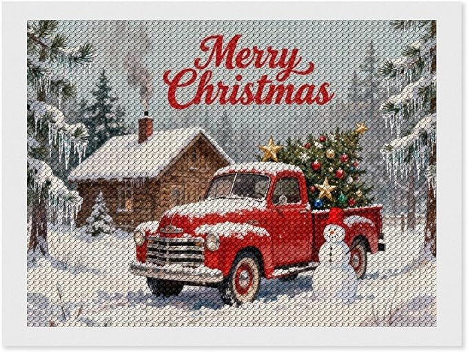 AIVKIEJK Diamond Painting Kits for Adults - Christmas Red Truck with Snowman, Snowy Cabin & Tree Painting DIY 5D Full Drill Diamond Dots Paintings with Diamonds Gem Art and Crafts Home Decor 12"x16"