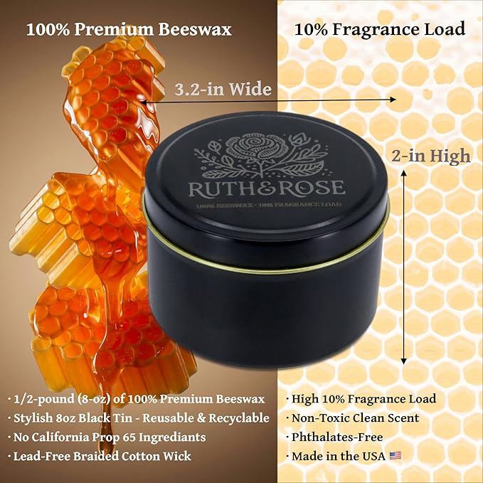 RUTH & ROSE | Speakeasy | 100% Beeswax Scented Candles for Home, 8oz, +65 Hours Burn Time, Aromatherapy Non Toxic Candles, Gift for Women & Men, Perfect for Travel or Gifting