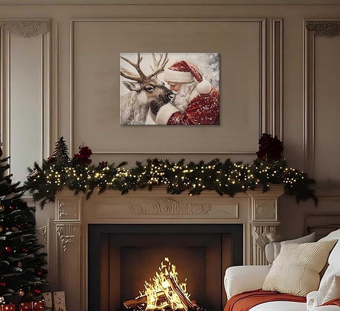Paint by Number Kit for Adults & Kids, Santa and Reindeer Christmas DIY Painting Kit with Brushes, Paints & Hanging Kit, 16x20 Inch Canvas, Holiday Gift & Home Decor Art Project Framed