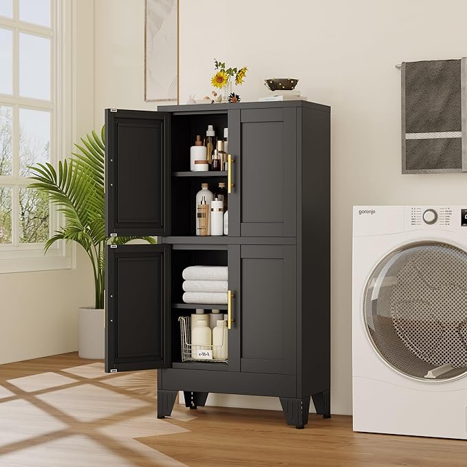 47“H Black Metal Bathroom Storage Cabinet, Kitchen Pantry Cabinet with Doors and 3 Adjustable Shelves, Bathroom cabinets Organizer, for Home Office, Bedroom
