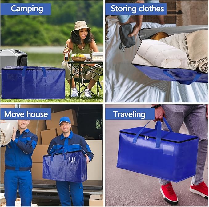 6 Pack Waterproof Moving Bags with Strong Zippers and Reinforced Handles, Real 100lb Capacity Extra Heavy Duty Large Storage Totes for Packing & Moving Storing, Alternative to Moving Boxes -95L,Blue