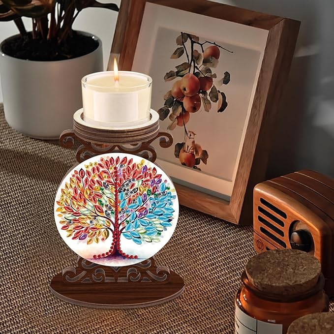 Diamond Art Painting Candlestick Holder kits, Colorful Tree DIY shaped crystal Diamond art painting, woodiness Candle holder for AromaRelax & Home Decor, Christmas Halloween Ornaments (Double-Sided)