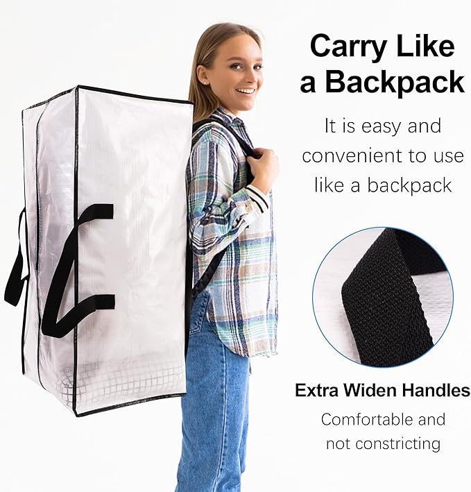 VELVETSURE 6 Pack Heavy Duty Large Moving Bags W/Backpack Straps - Strong Handles & Zippers, Storage Totes For Space Saving, Fold Flat, Alternative to Moving Box and Storage Bin, Semi-Transparent
