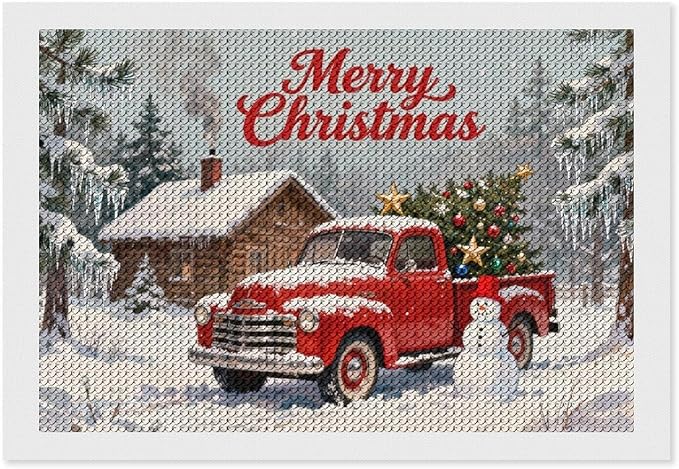 AIVKIEJK Diamond Painting Kits for Adults - Christmas Red Truck with Snowman, Snowy Cabin & Tree Painting DIY 5D Full Drill Diamond Dots Paintings with Diamonds Gem Art and Crafts Home Decor 8"x12"