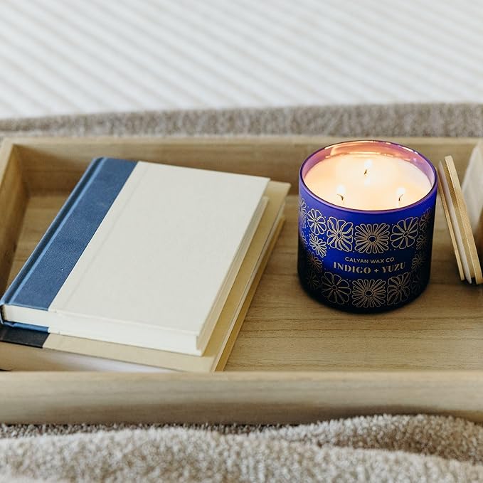 Calyan Wax Co. Indigo & Yuzu 3 Wick Scented Candle - 43 Hour Burn - Luxury 3 Wick Soy Candles - Non Toxic Soy Wax Candles - Long Lasting Large Glass Jar Candle for Home - 14.9oz