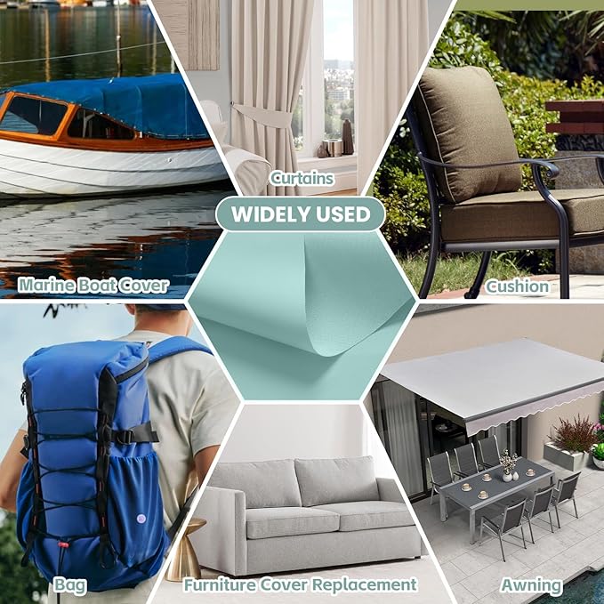 Waterproof Marine Canvas Fabric by The Yard 58" W 600D PVC Backing Water-Resistant Polyester Fabric Upholstery Material for Outdoor Marine Awning Tent Boat Furniture Cover, 5 Yards Pale Turquoise